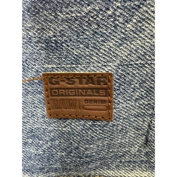 G star Jacket Mens M blue denim button Biker Light Distress Jean 3301 Slim - Picture 6 of 10